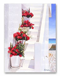 GREEK ISLAND LANDSCAPE (STAIRS WITH FLOWERS)