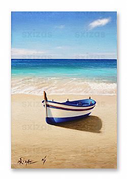 GREEK ISLAND LANDSCAPE (BOAT IN COAST)